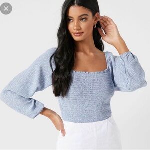 American Eagle Square Neck Smocked Polka Dotted Top- Blue- Size Medium